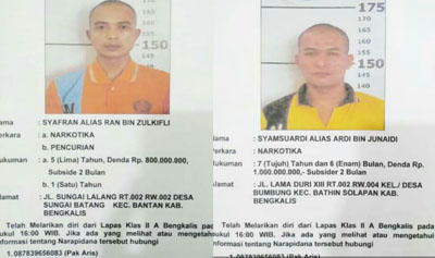  Dua Napi Narkoba Kabur dari Lapas Bengkalis